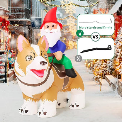 COMIN 5.5 FT Christmas Decorations Outdoor Inflatables Gnomes Ride Corgi Dog Blow Ups with Built-in LEDs for Yard Party Lawn Decor