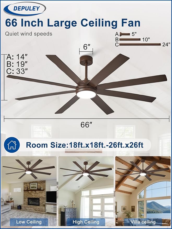 Depuley 66" Ceiling Fans with Lights: Large Indoor/Outdoor Ceiling Fan for Patios Living Room - 8 Blades Brown Dimmable Ceiling Fans with Remote APP Control Timer Reversible Quiet DC Motor 6 Speeds