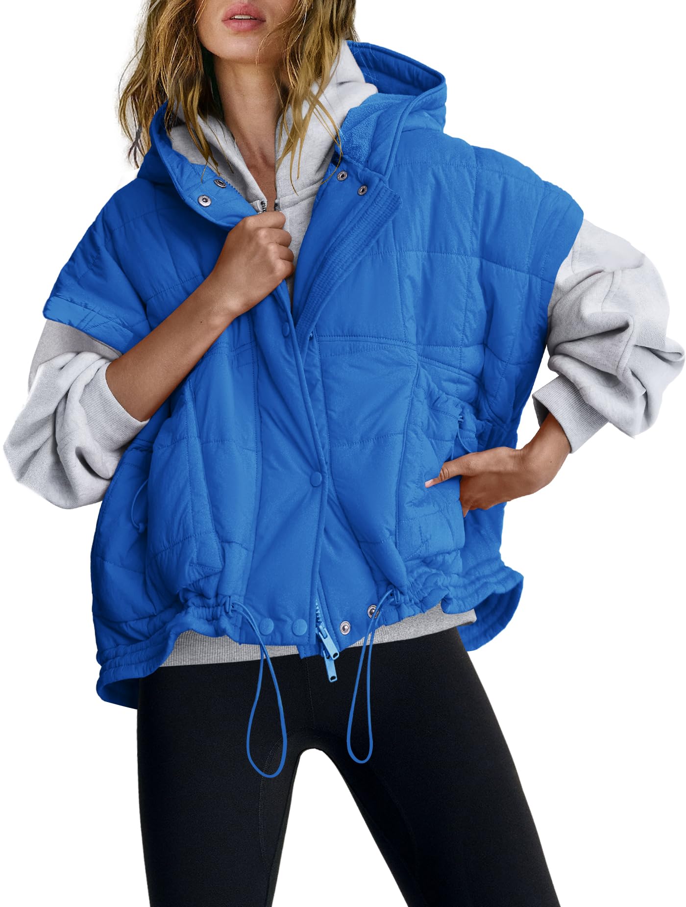 SENSERISE Womens Oversized Puffer Vest Sleeveless Quilted Jacket Zip Up Hooded Puffy Vest Ponchos Coats with Pockets(Lake Blue,L)