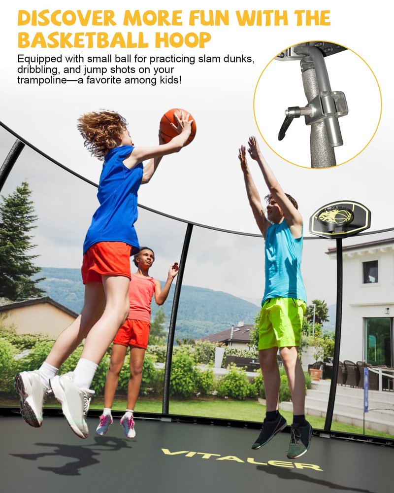 Vitaler Trampoline Outdoor 12FT with Basketball Hoop and Net Enclosure, Recreational Trampolines for Kids and Adults, Outdoor Backyard Trampoline with Anti-Rust Coated Frame, ASTM Approved