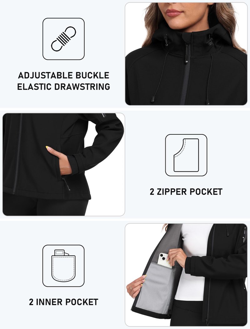 MoFiz Women's Softshell Jacket Fleece Lined Warm Jacket Lightweight Hooded Windproof Coat for Outdoor Hiking Black L