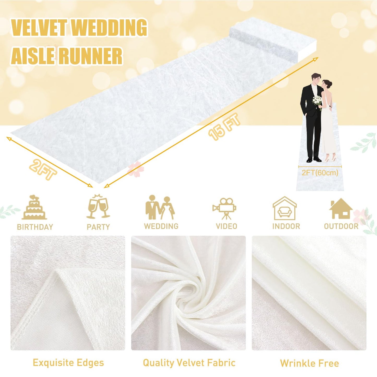 White Aisle Runner for Wedding Velvet Aisle Carpet 2FTx15FT Wedding Accessories Romantic Velvet Fabric Floor Aisle Runner for Weddings Ceremony Decorative Aisle Rugs for Birthday Events