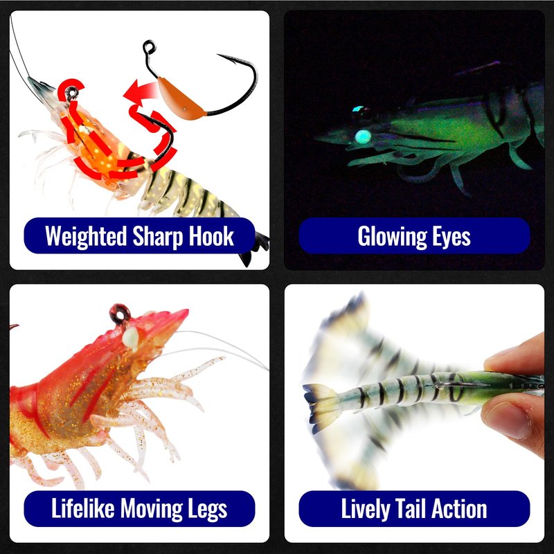CASTSTRIKE 3Pcs Shrimp Fishing Lures for Saltwater and Freshwater Soft Bait Pre-Rigged Glow Eyes Lifelike Silicone Prawn Jig for Bass Trout Redfish Flounder Crappie Snook Walleye Fishing (3.5 in 3pcs)