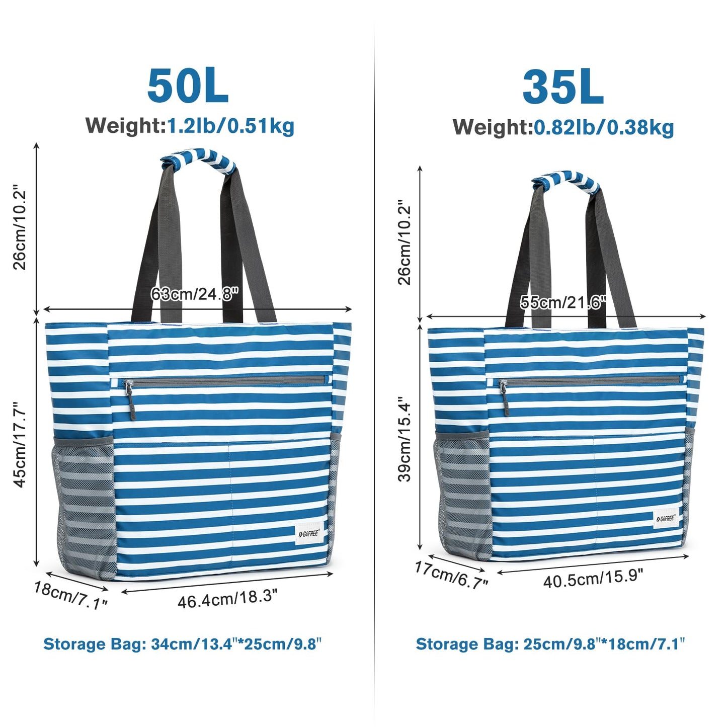 G4Free Beach Bag, Waterproof Sandproof Beach Tote Bag, Large Capacity Foldable for Women, Navy Stripe