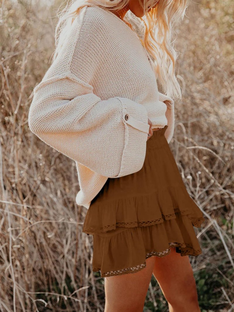 Aoudery Flowy Shorts for Women Casual Boho Ruffle Tiered Skorts High Waist Mini Skirts Golf Tennis Butterfly Crochet Shorts - Brown XL