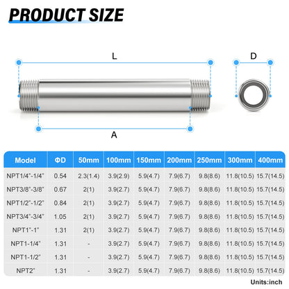 TAILONZ PNEUMATIC 1" NPT Male x 1" NPT Male 304 Stainless Steel Pipe Nipple, 12" Length Cast Pipe Fitting, Threaded Connector（Pack of 3）