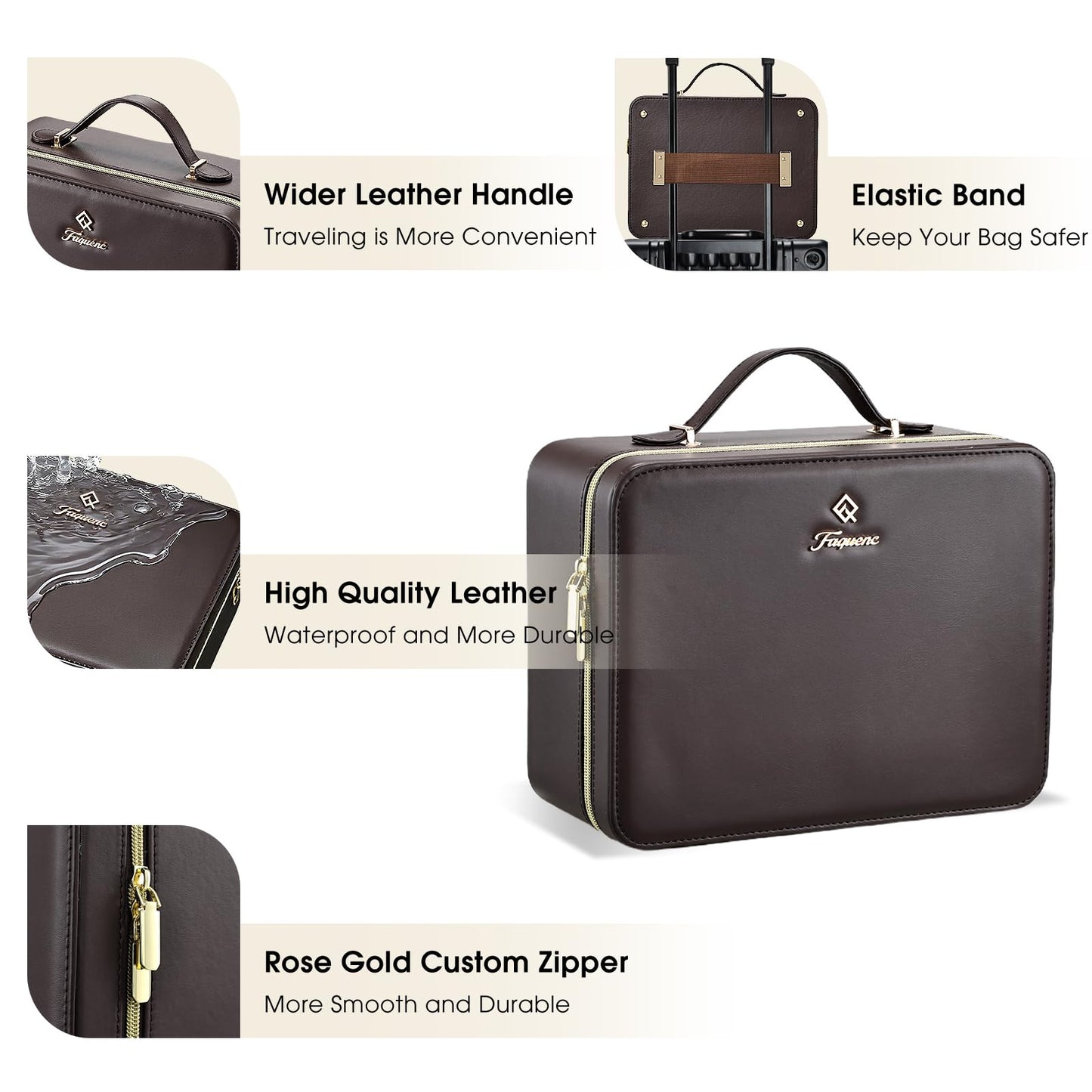 Leather Makeup Case with LED Lighted Mirror 11.4 Inch Travel Makeup Bag Adjustable Brightness in 3 Colors Cosmetic Organizer Artist Storage Bag with Dividers Brush Holder Bag Vanity Dark Brown