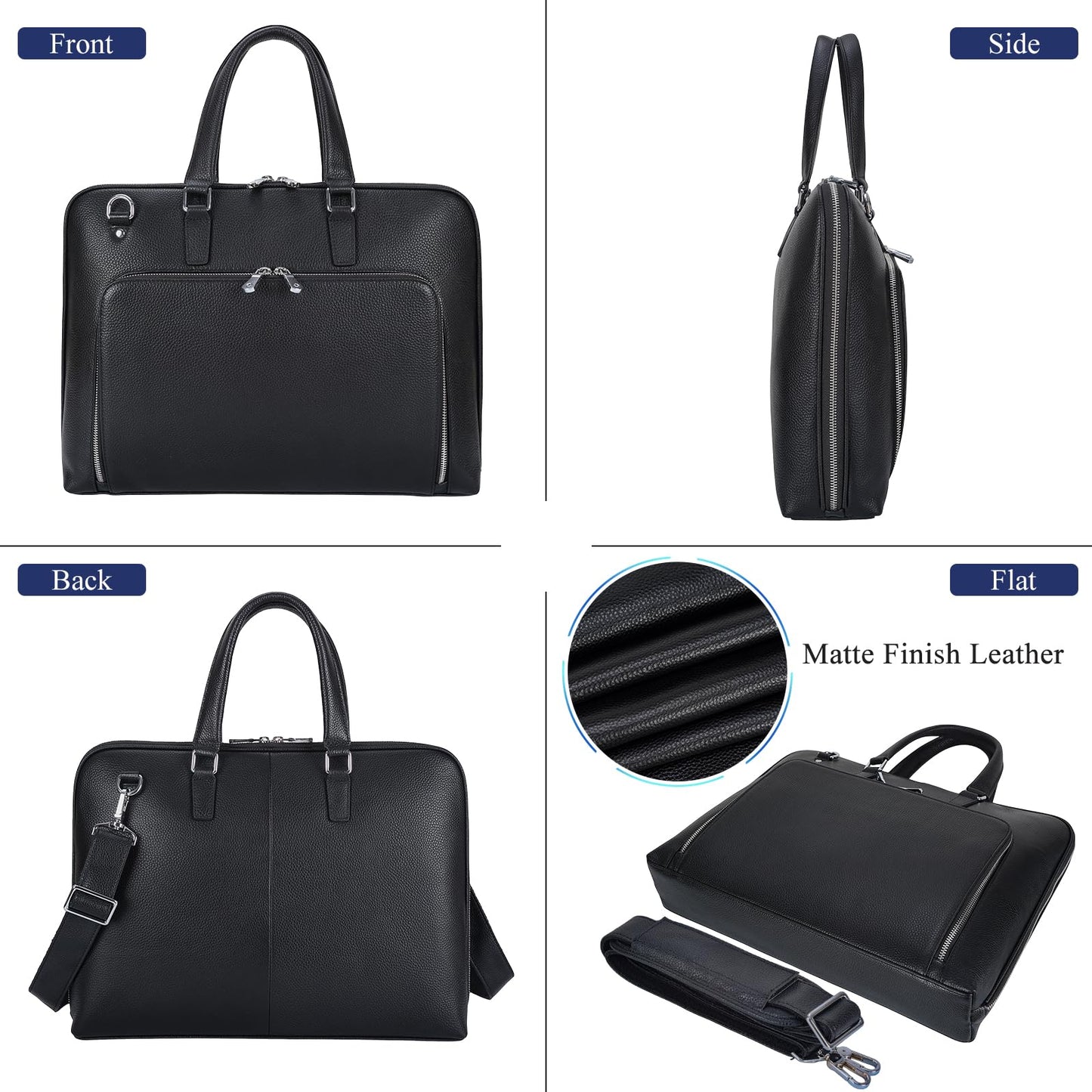 Masa Kawa Black Leather Slim Briefcase for Men Women Fits 15.6-16 Inch Laptop Professional Business Messenger Crossbody Shouder Bag Lawyer Ladies Office Work Brief Attche Case, Large