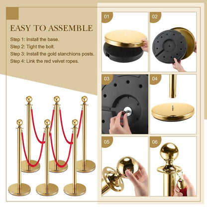 Pelopy 12 Pcs Stanchion Posts with Velvet Ropes and Red Carpet 26 ft, Crowd Control Barrier Set, 38" Gold Queue Poles for Wedding, Graduation, Party, Event Entrance Decor