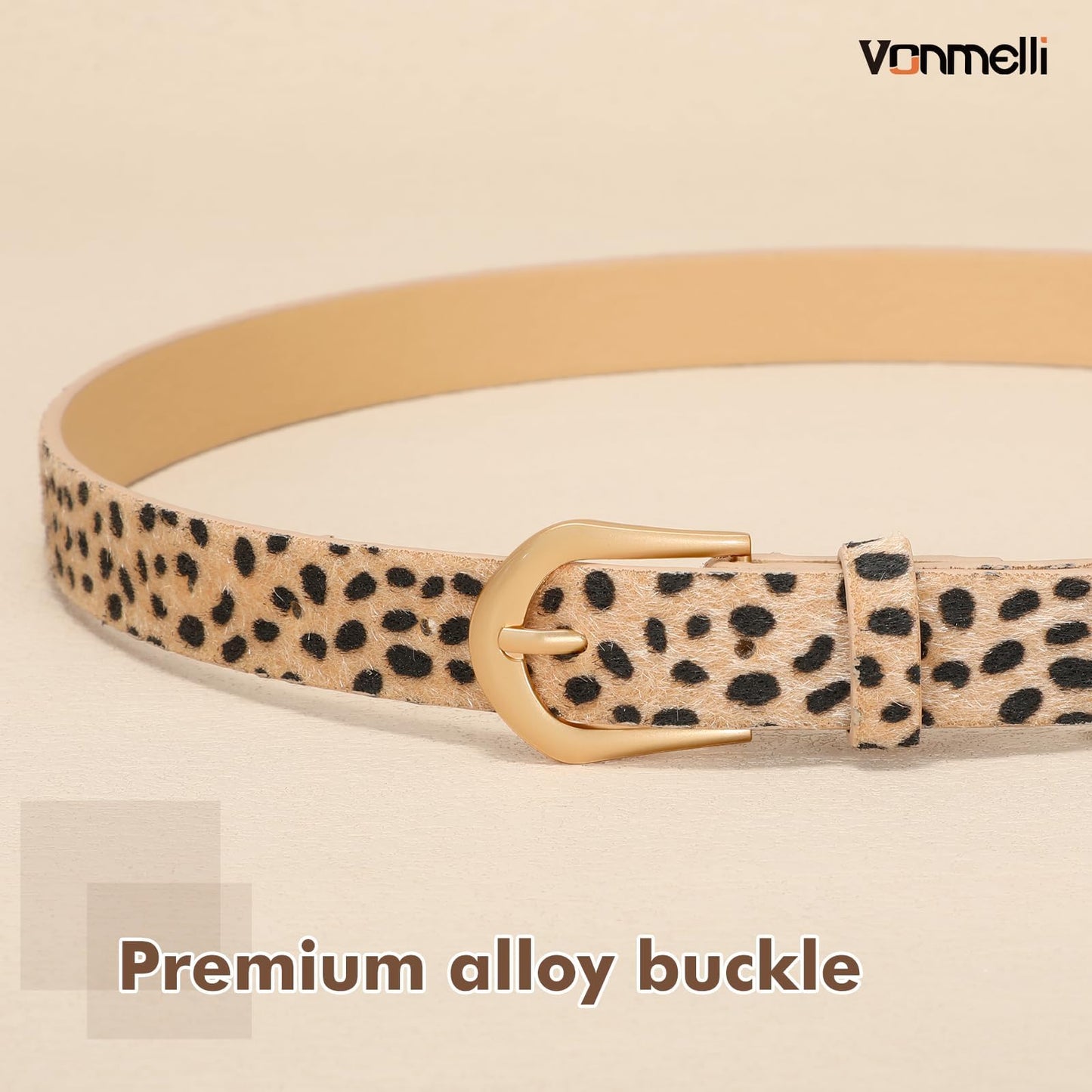 VONMELLI 4 Pack Womens Thin Leather Belt Skinny Waist Belts for Women Fashion Jeans Dress with Gold Buckle, Black Brown Beige leopard, XXS