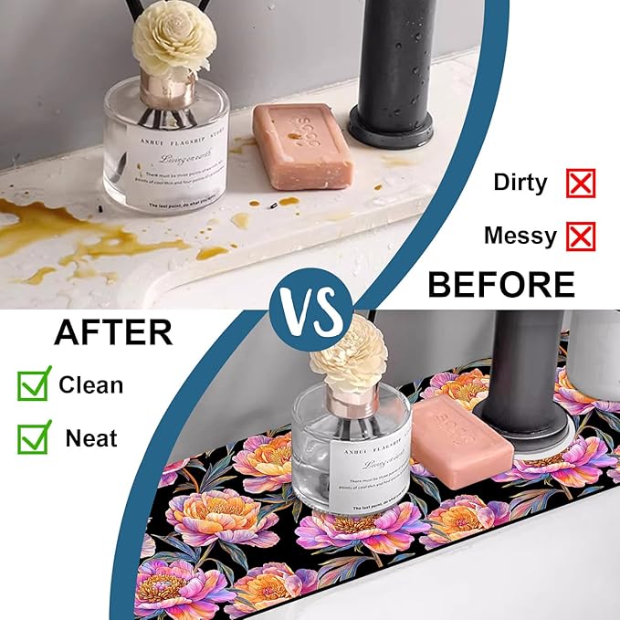 Colorful Peonies Sink Faucet Absorbing Mat Blooming Peonies Super Absorbent