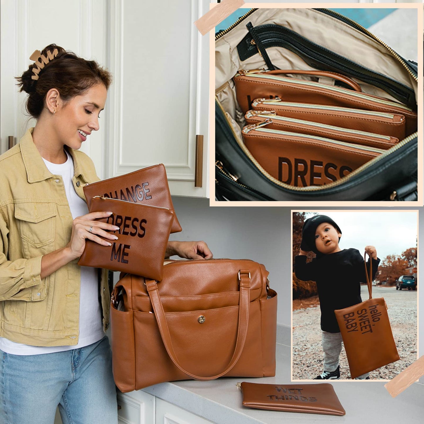 Omanmoli Diaper Bag Organizing Pouches,Leather Diaper Bag Organizer,Diaper Essential items, Dry Wet Bags for Baby,Diaper Organization (Brown)