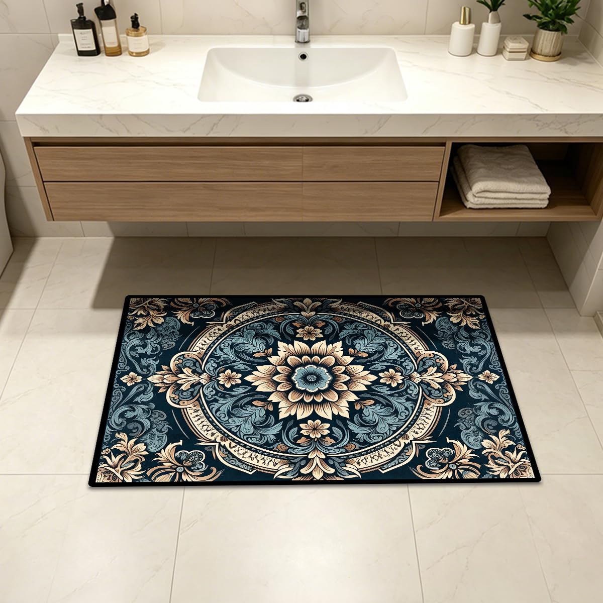 Washable Corridor Runner Rug, Non-Slip Hallway Rug with Upgrade Rubber Backing, Stain Resistant Faux Wool Distressed Carpet for Bedroom Kitchen Laundry Corridor Balcony (Navy Blue‌, 35.4" x 23.6")