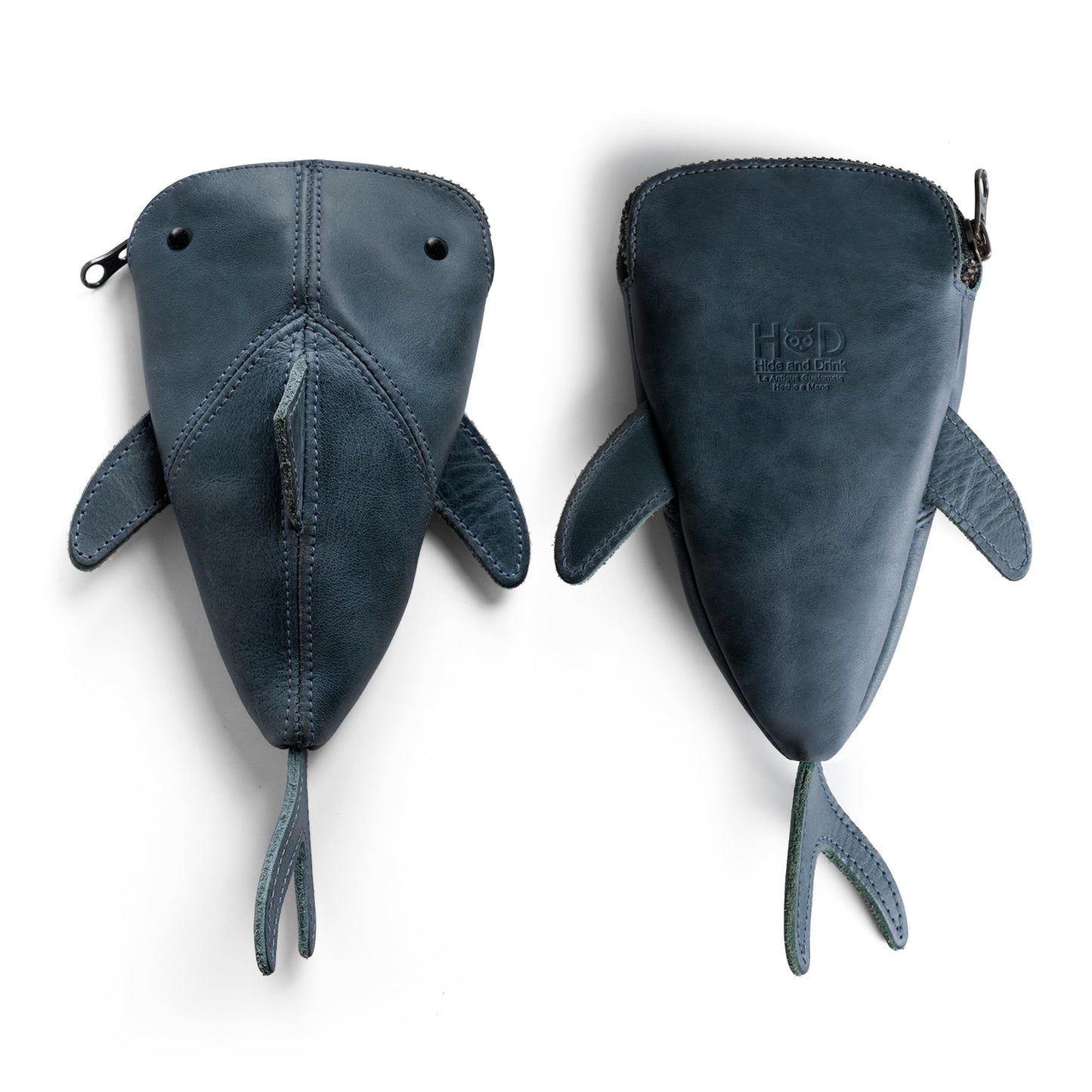 Hide & Drink, Full Grain Leather Zipper Coin Pouch, Change Bag, Pencil Purse, Scissors Case, Shark Shaped Cable Holder, Wallet, Makeup, Stuffed Animal, Handmade, Slate Blue