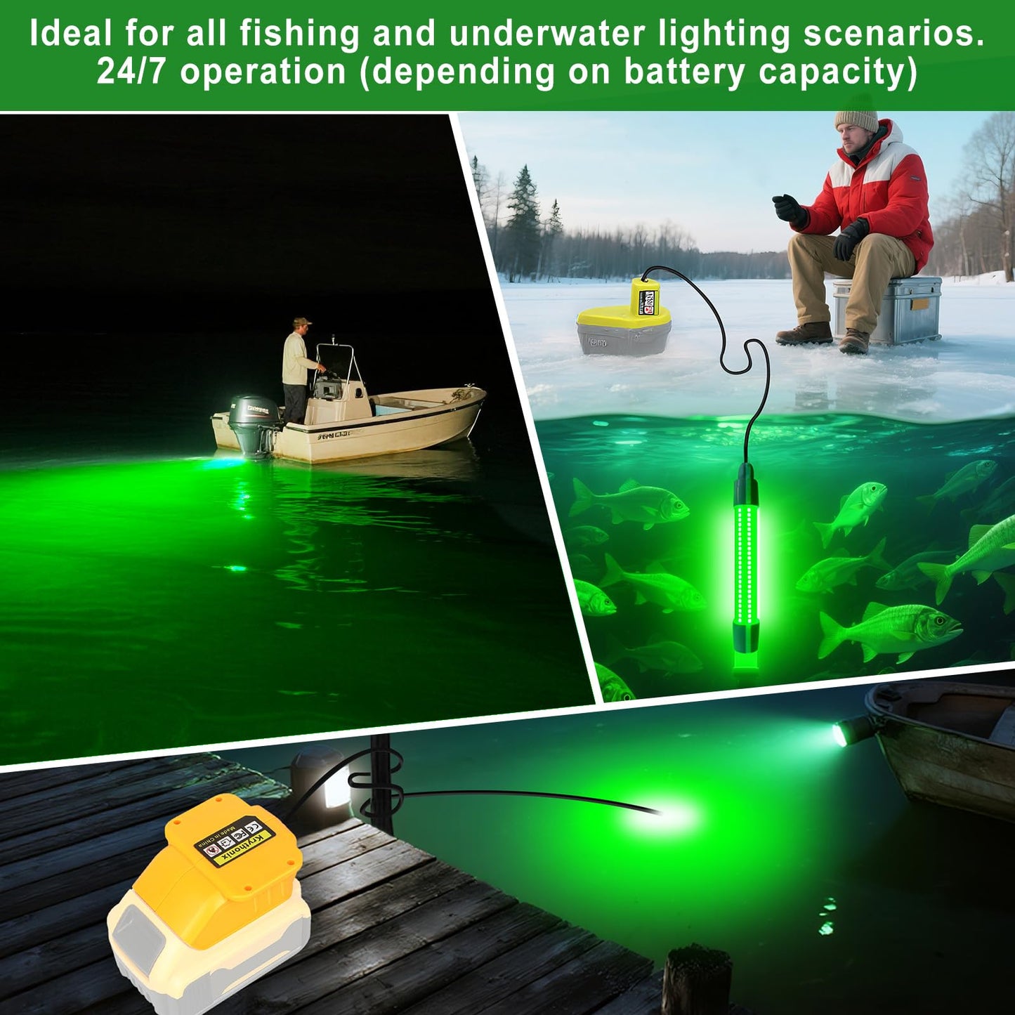 Krythonix Underwater Green Fishing Light Compatible with Dewalt 20V Battery,Fishing Lights LED Underwater for Crappie and Squid Attracting,13W,1512 lumens,Green Dock Light(No Battery)
