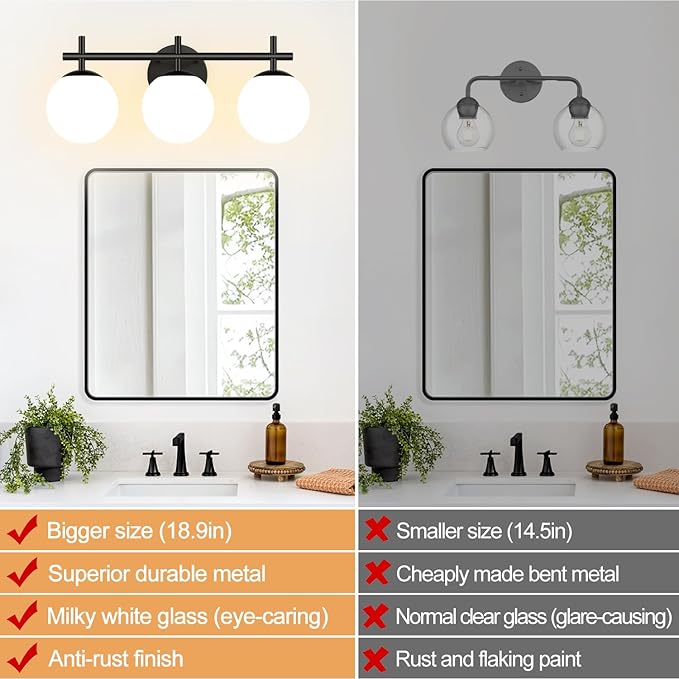 3-Light Bathroom Light Fixtures, Matte Black Vanity Lights for Bathroom with Milky White Glass Ball Shades, 18.9 inch Bathroom Lighting Fixtures Over Mirror, Wall Sconce for Bedroom (Exclude G9 Bulb)