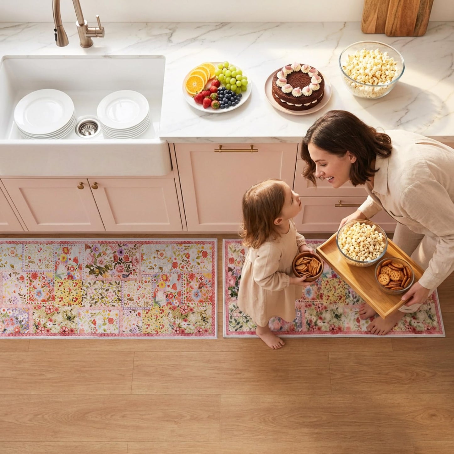 Klyyo Clyro Pink Floral Kitchen Rugs Set of 2 Cute Farmhouse Floor Mats Soft Non Slip Cushioned Washable Kitchen Rugs for Home Entrance Laundry Office Sink Spring Summer Decor, 17 x30 +17 x47