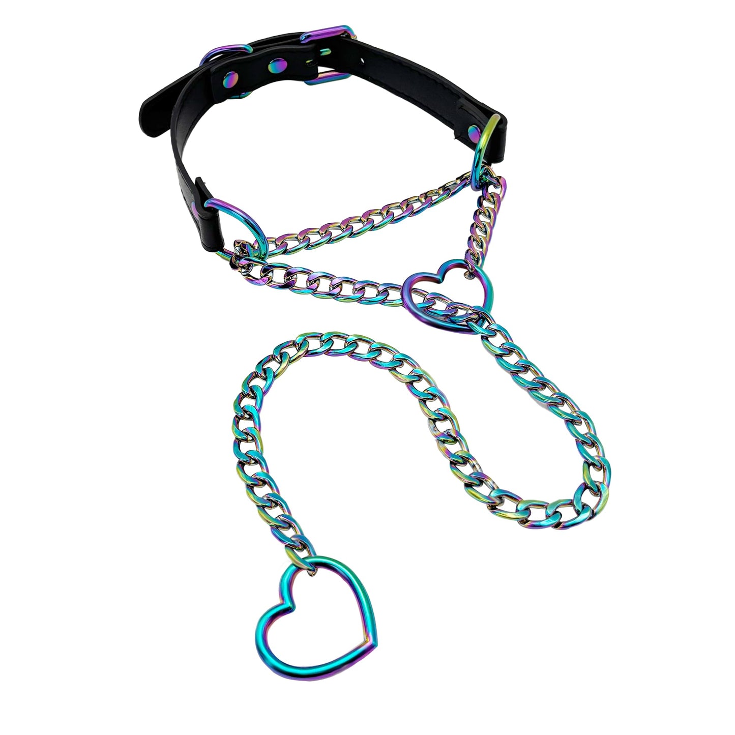 paloli Vegan Leather Choker Necklace with Heart Chain – Adjustable Strap Punk Gothic Collar with Cute Heart Metal O-Rings, Stylish Jewelry for Women