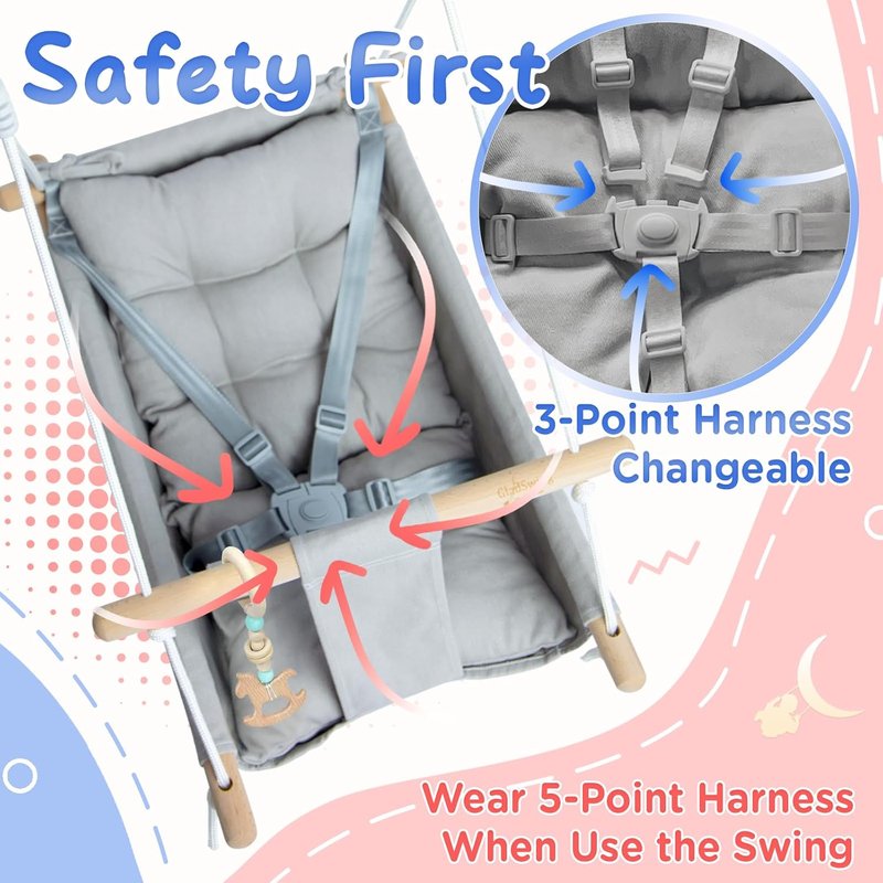 Baby Swing - Indoor & Outdoor Canvas Hammock for Toddlers | Comfortable Seat, Adjustable 5-Point Harness, Grey