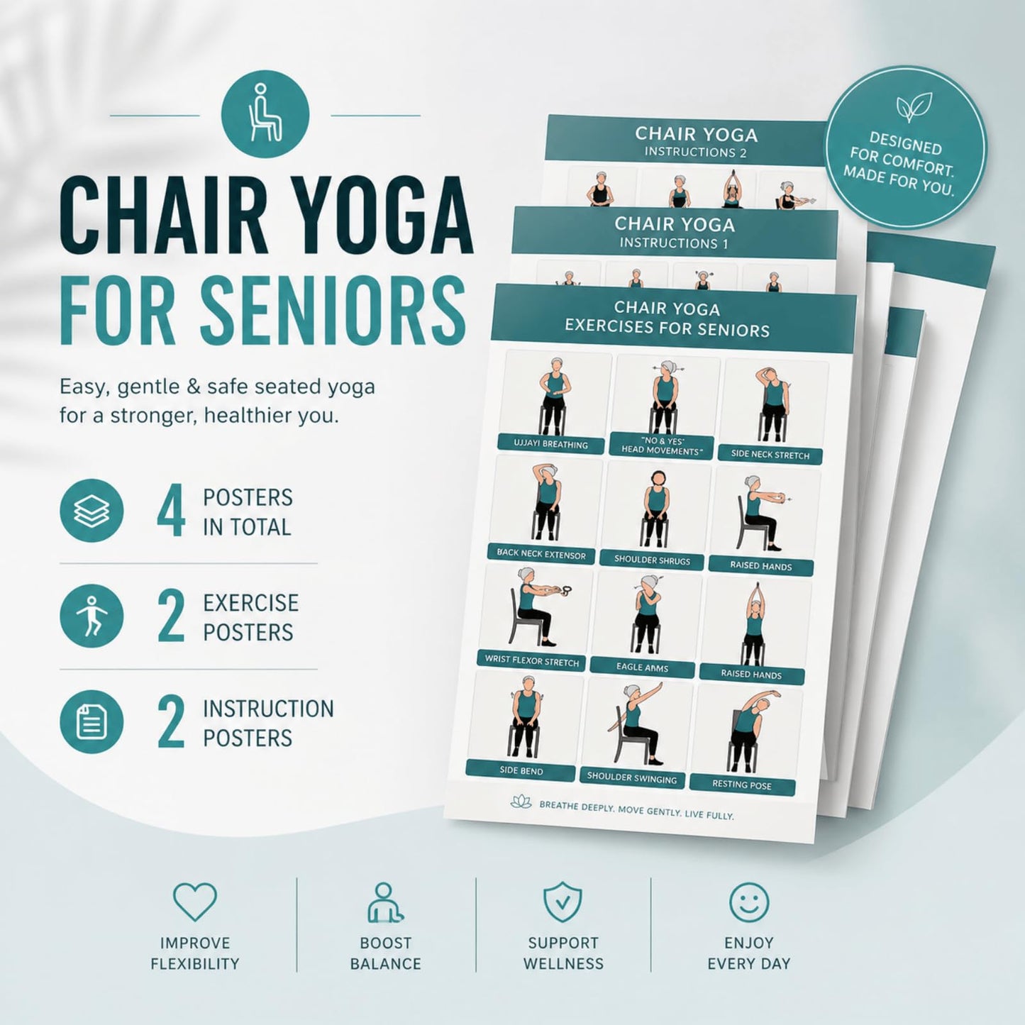 Chair yoga for seniors over 60 Chart, Set of 4 Chair Yoga Poster 10" x 8"