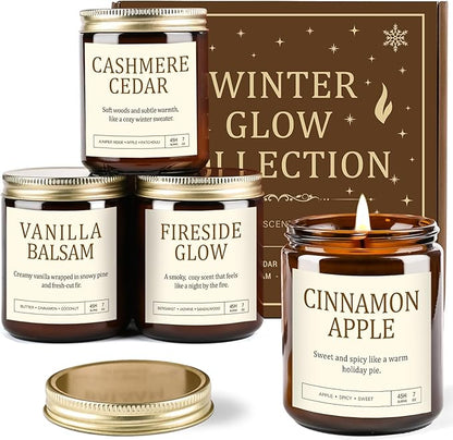 Christmas Candles Gift Set for Women - 4 Pack Scented Soy Candles with Cashmere Cedar, Fireside Glow, Cinnamon Apple & Vanilla Balsam, Long Lasting Holiday Winter Gifts for Home