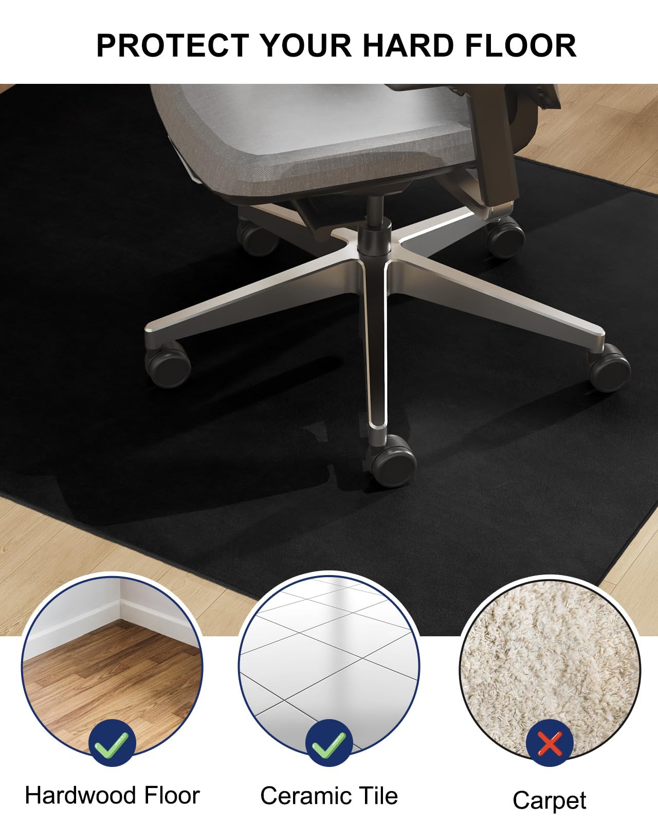 SALLOUS Chair Mat for Hard Floors, 51"x63" Washable Chair Mat Under Desk, Smooth Rolling Desk Chair Mat, Anti Slip Hard Floor Protector, Noise Reducing Desk Rug for Home Office Chair (Black)
