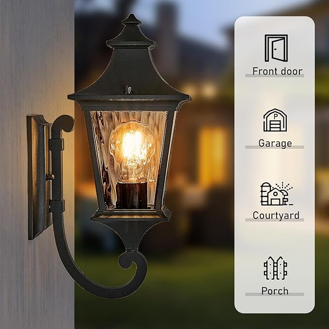 2-Pack Porch Lights Outdoor Wall Lighting Fixtures with Water Ripple Glass Large Garage Outdoor Wall Lamp E26 Socket and Waterproof