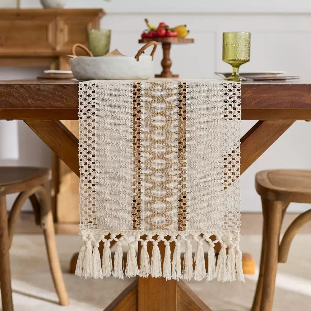 Boho Table Runner for Christmas ,Woven Cream & Brown Macrame Dining Table Runner Pottery Barn Farmhouse Rustic Burlap Home Chic Decor for Kitchen Bedroom Living Room New Year(12 x 70 in)