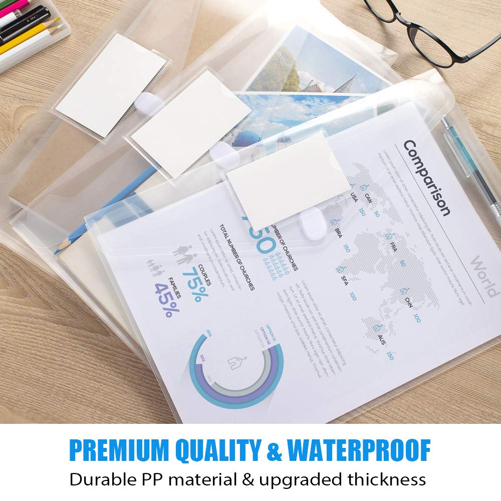 Sooez 24 Pack Plastic Envelopes Poly Envelopes, Clear Document File Folders US Letter A4 Size File Envelopes with Label Pocket for School Home Work Office Organization, Clear