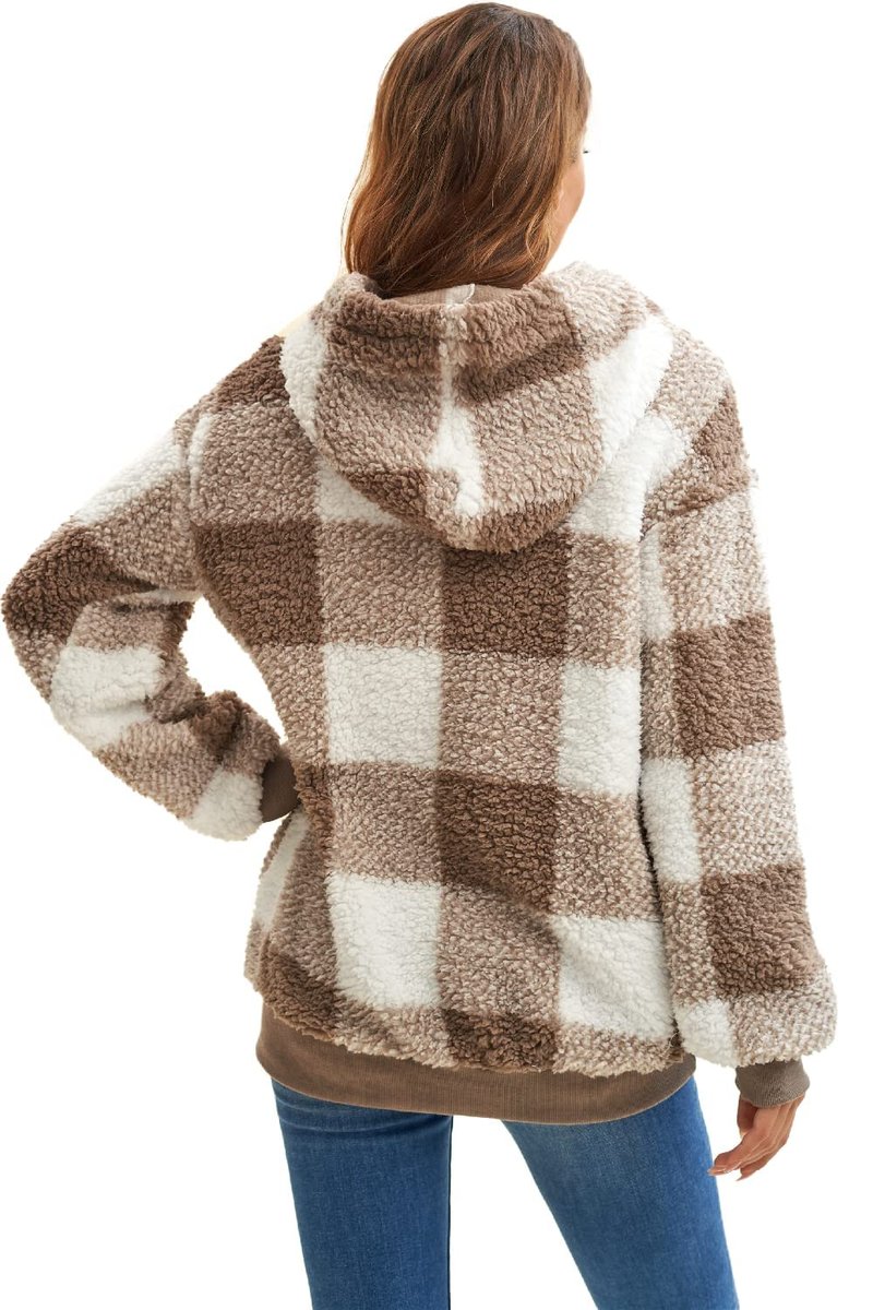 ReachMe Womens Oversized Sherpa Pullover Hoodie with Pockets Fuzzy Fleece Sweatshirt Plaid Fluffy Jacket Coat(B0 Khaki,XL)