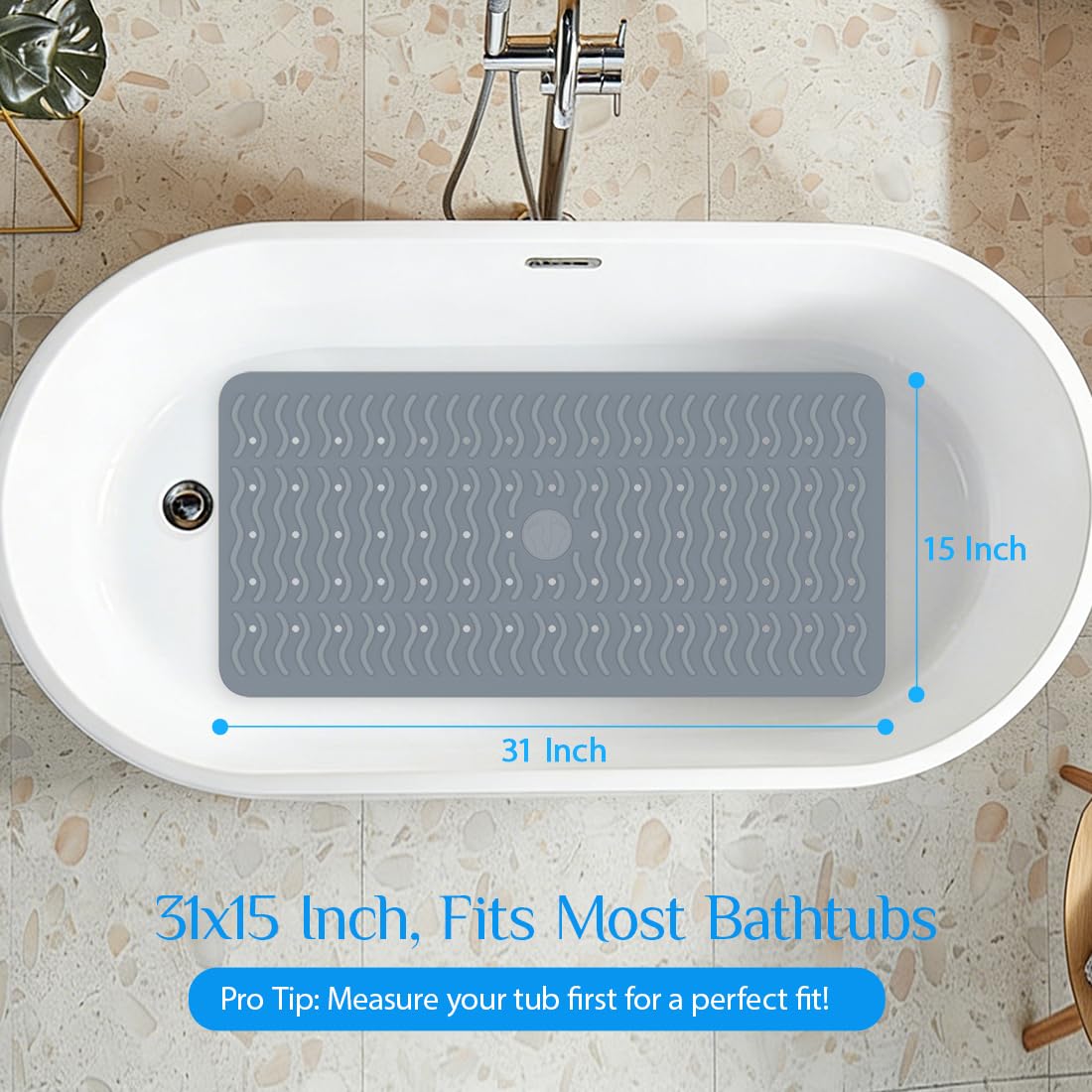 Non Slip Bathtub Mat & Shower Mat, 31x15'' Anti Slip Bath Mat for Tub, Soft TPE Anti-Skid Bathroom Mat with 194 Suction Cups & Drain Holes, Wave-Textured Grip, Machine Washable, Grey