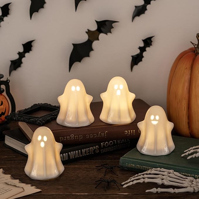4PCS Halloween Ceramic Ghosts Light Up LED White Spooky Ghosts Figurines Scary Statue Sculpture Halloween Decor Gift for Fall Props Desk Tabletop Centerpieces Home Indoor Decorations