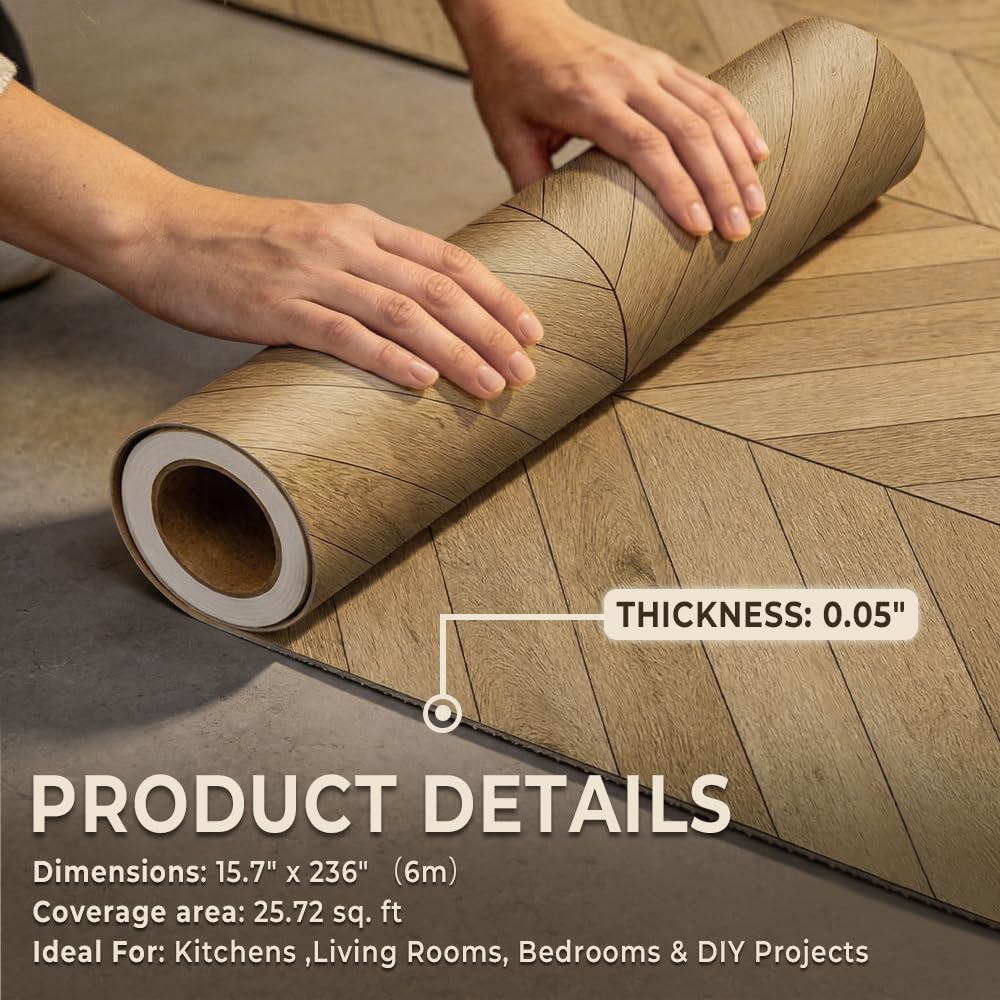 Wood Grain Peel and Stick Vinyl Flooring Roll - 15.7" X 236" Vinyl Flooring Roll,Textured with Waterproof, Slip-Resistant for Bedroom, Living Room