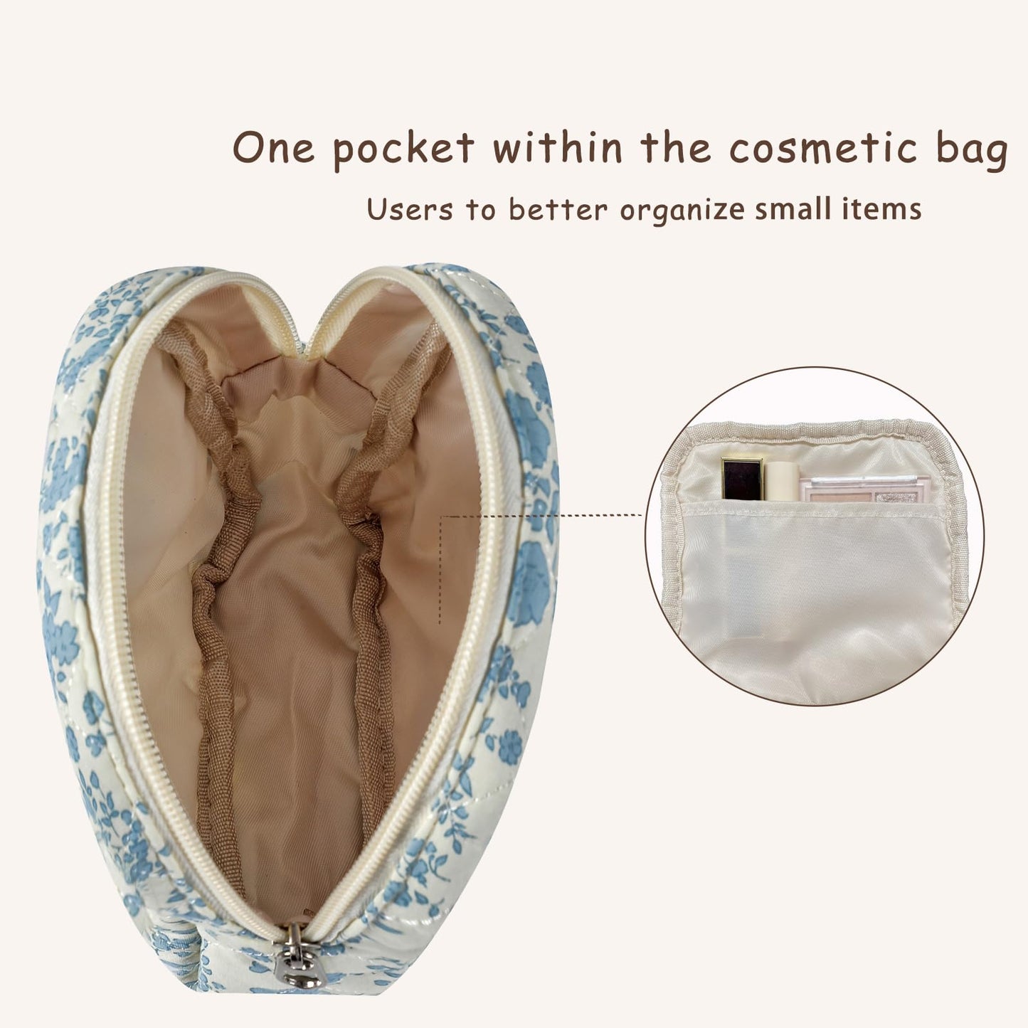 RSRSLEII Small Quilted Cosmetic Pouch for Purse, Mini Cotton Makeup Bag with Compartments, Cute Zipper Lipstick Holder for Women (02Heart Bow)