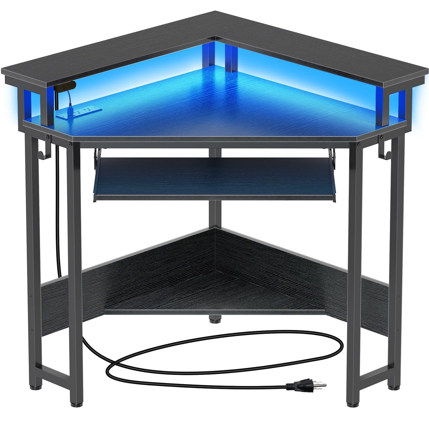 Rolanstar Corner Desk,44.5" W x 34.5" H Small Computer Desk with Power Outlets, Gaming Desk with LED Lights, Triangle Corner Table with Keyboard Tray & Monitor Stand for Small Space, Black