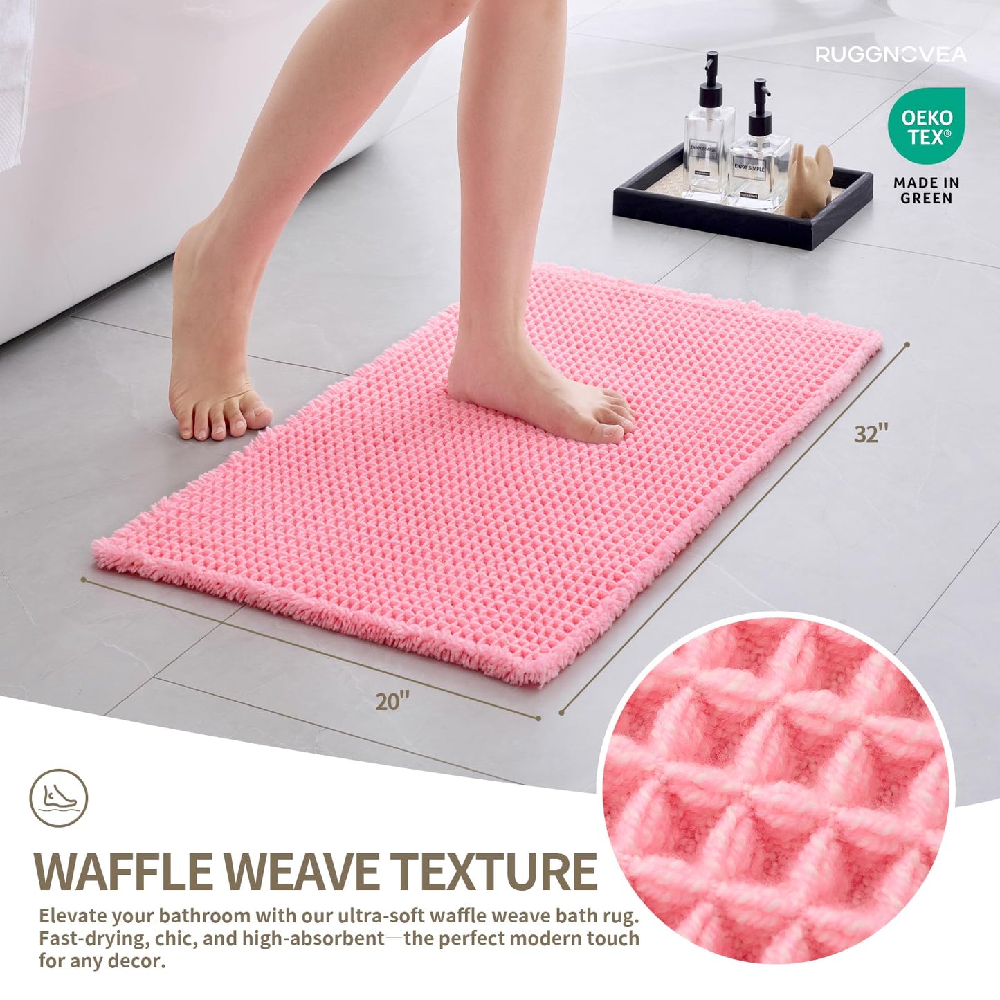 Ruggnovea Waffle Bath Mat Non Slip Washable 32x20, Super Absorbent Quick Dry Boho Bathroom Rugs with Tassels, High Density Non Slip Backing, Luxury Carpet for Tub&Shower, Pink