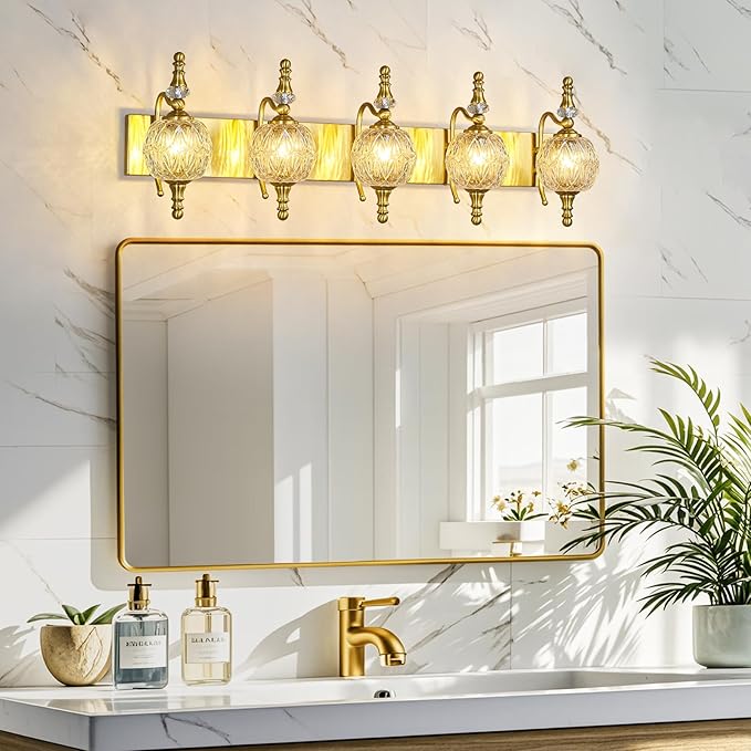 Modern Crystal Bathroom Vanity Lights Fixtures Over Mirror Gold Vintage 5-Lights 36 Inch Bathroom Light Fixtures Glass Crystal Vanity Lights