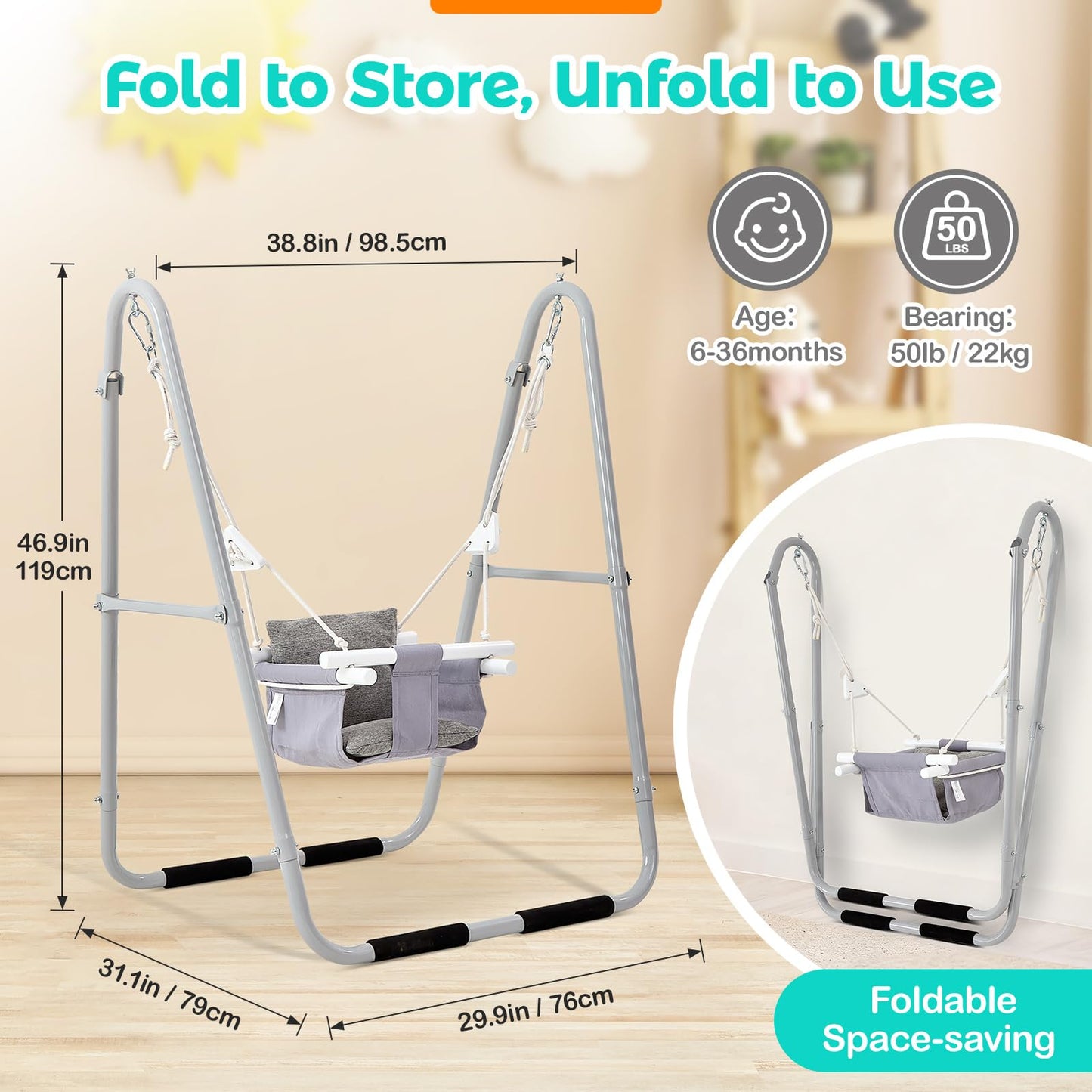 FUNLIO Baby Swing Set for Toddlers 6-36 Months, Foldable & Portable Swing for Indoor & Outdoor, Heavy Duty Metal Frame, Includes 2 Weight Bags & 4 Anti-Slip Pads, Easy to Assemble & Store – Gray