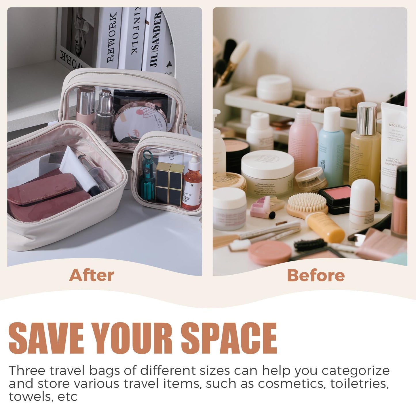 BS-MALL Toiletry Bag Waterproof Makeup Organizer Travel Size Clear - Makeup Cosmetic Organizer Water-resistant Portable Pouch PU Leather Washable Travel Essentials Makeup Bag 3 Pack