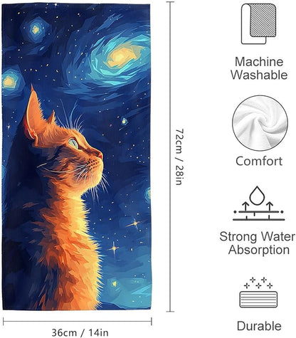 Cute Orange Cat Hand Towels Decorative Set of 2 Soft Absorbent Abstract Blue Starry Sky Bath Towels for Bathroom Farmhouse Spa Gym Yoga Home Decor, Gifts for Cat Lover 14"x28"
