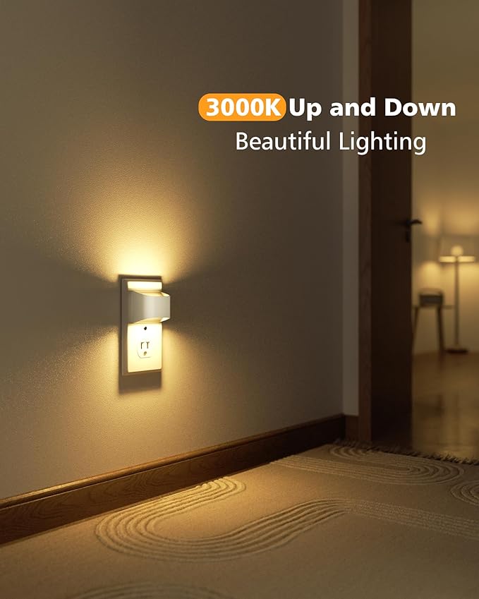 VOLISUN Night Lights Plug into Wall, 4 Pack Up and Down LED Night Light with Dusk to Dawn Light Sensor, 3000K Warm White Nightlight for Hallway, Bedroom, Bathroom, Kitchen White