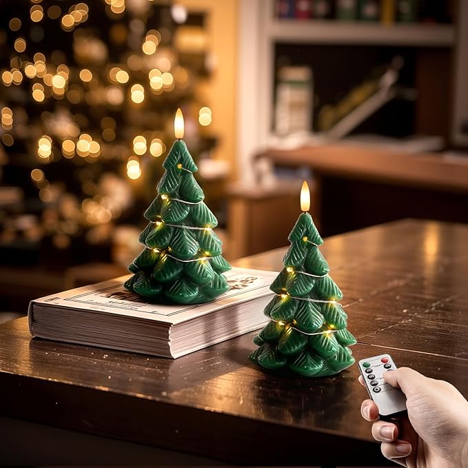Homemory Christmas Tree Candles with Remote, 2 Pcs Waxy LED Flameless Candles Flickering, Green Electric Lights Battery Operated for New Year Celebration Holiday Decorations 7.5 Inches