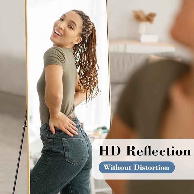 NEWBULIG Mirror Full Length, 56"x21" Body Wall Mirrors with Shatter-Proof Glass, Upgraded Floor Standing Mirror, Hanging or Leaning, with Stand Aluminum Alloy Frame for Home Decor, Bedroom, Gold