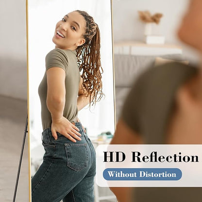 NEWBULIG Mirror Full Length, 56"x21" Body Wall Mirrors with Shatter-Proof Glass, Upgraded Floor Standing Mirror, Hanging or Leaning, with Stand Aluminum Alloy Frame for Home Decor, Bedroom, Gold