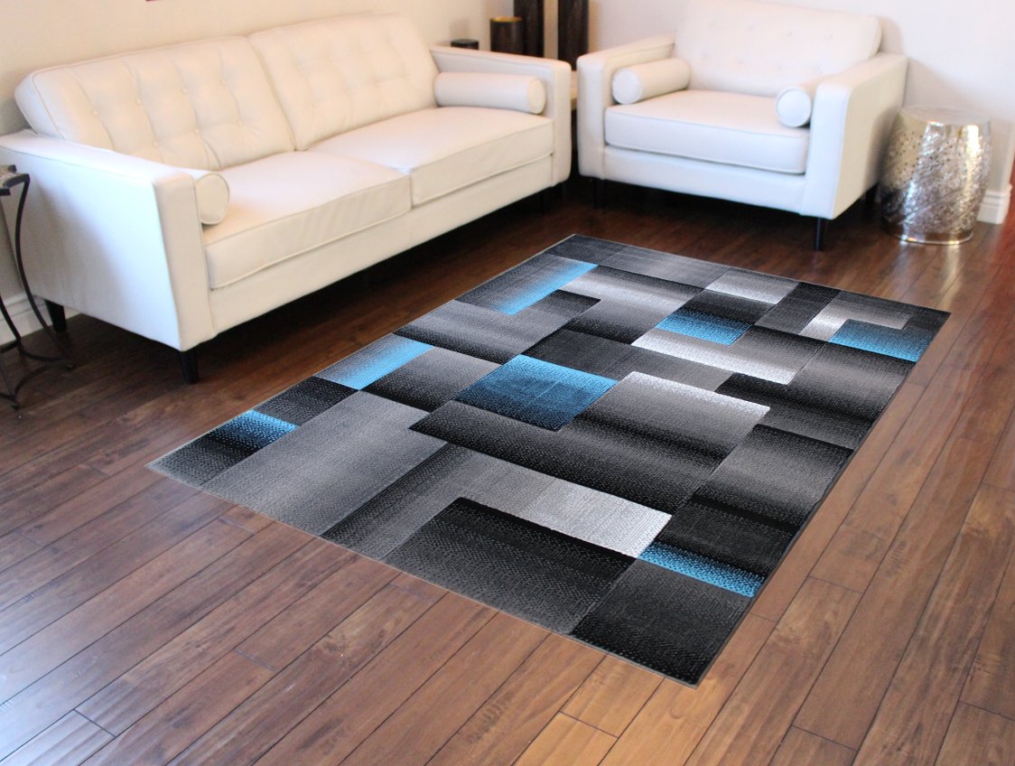 Masada Rugs, Modern Contemporary Area Rug, Blue Grey Black (8 Feet X 10 Feet)
