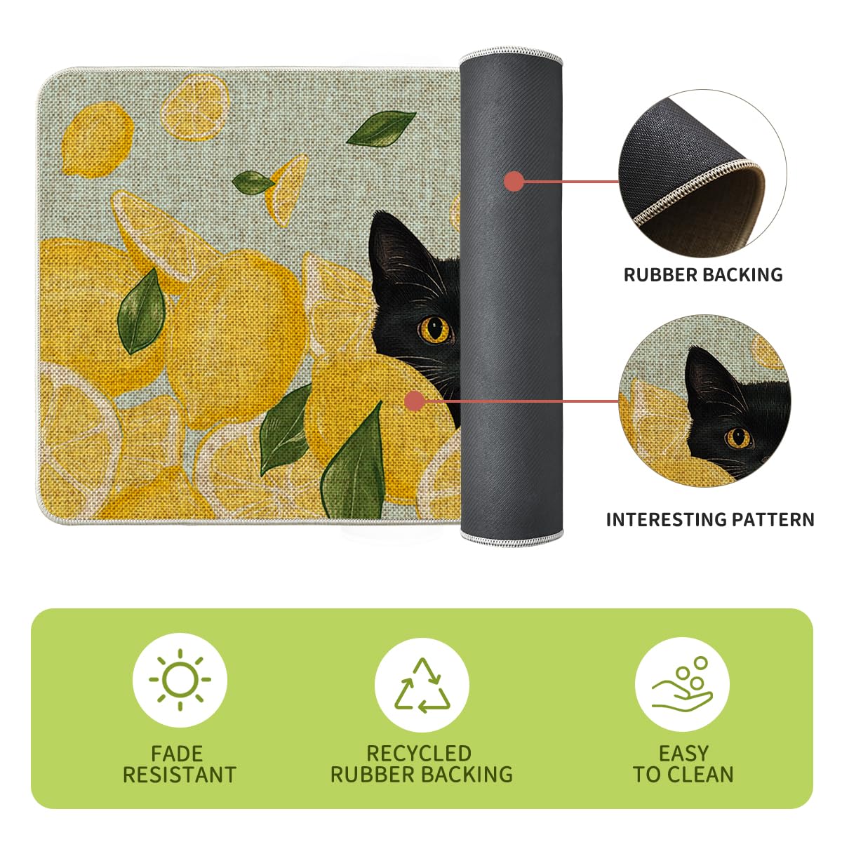 Artoid Mode Lemon Black Cat Summer Kitchen Mats Set of 2, Seasonal Low-Profile Home Decor Kitchen Rugs for Floor - 17x29 and 17x47 Inch