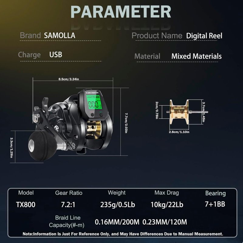 SAMOLLA Baitcasting Fishing Reel 8oz Ultralight Smart Digital Baitcaster Reels with 22Lb Max Drag 7.2:1 High-Speed Gear Ratio Left Handed Freshwater Saltwater Compact Design Black TX800