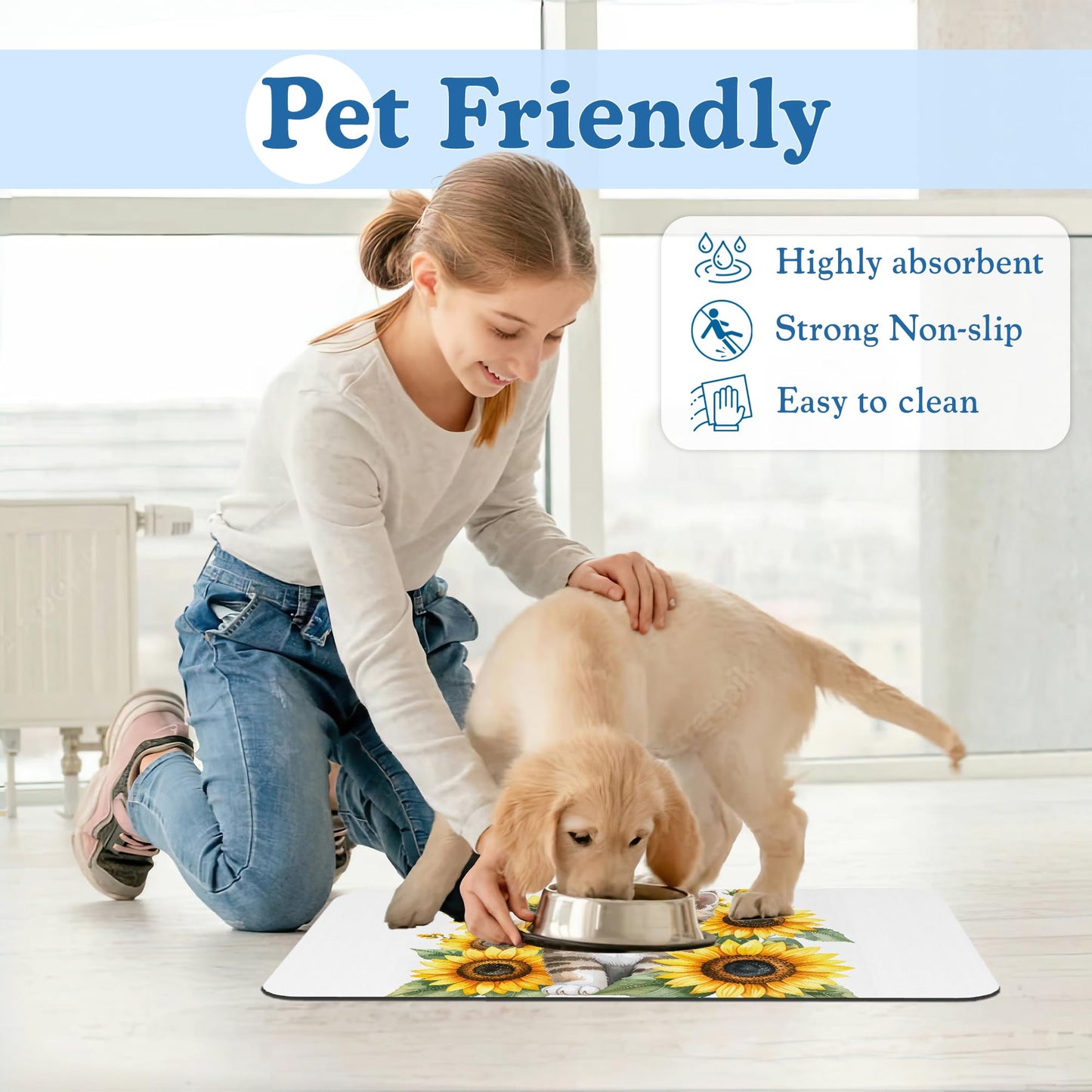 Cute Cat Sunflower Pet Feeding Mat for Floors–Absorbent Quick Dry Dog Cat Bowl Mat for Food and Water, Non Slip Waterproof Base, Mess-Free Feeding Accessories 12"x20"