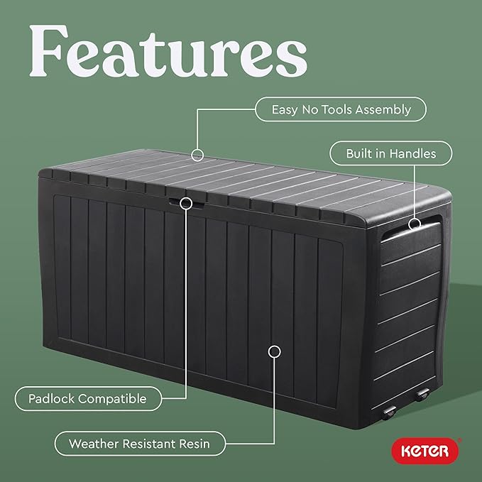 Keter Marvel Plus 71 Gallon Resin Deck Box-Organization and Storage for Patio Furniture Outdoor Cushions, Throw Pillows, Garden Tools and Pool Toys, Dark Grey