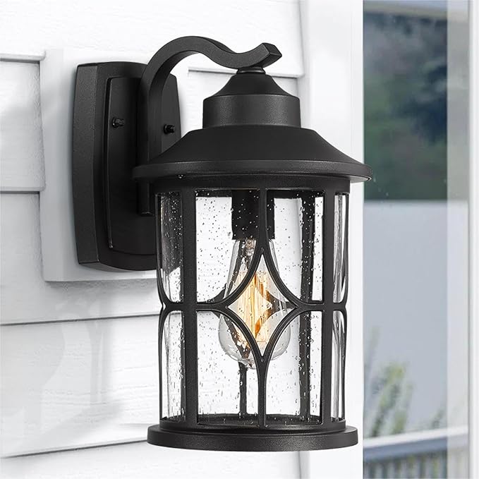 zeyu Outdoor Wall Mount Light, 14.6 Inch Industrial Exterior Wall Light for Porch, Die-Cast Aluminum with Seeded Glass, Black Finish, ZX48MB BK